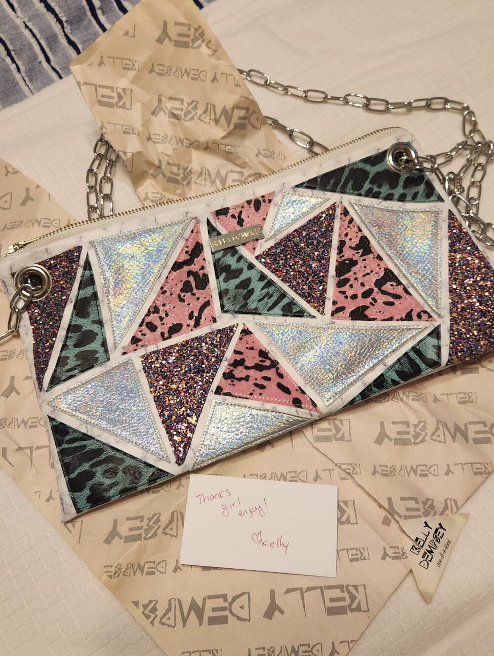 Stylish Geometric Patchwork Crossbody Clutch - Pink, Teal & Silver